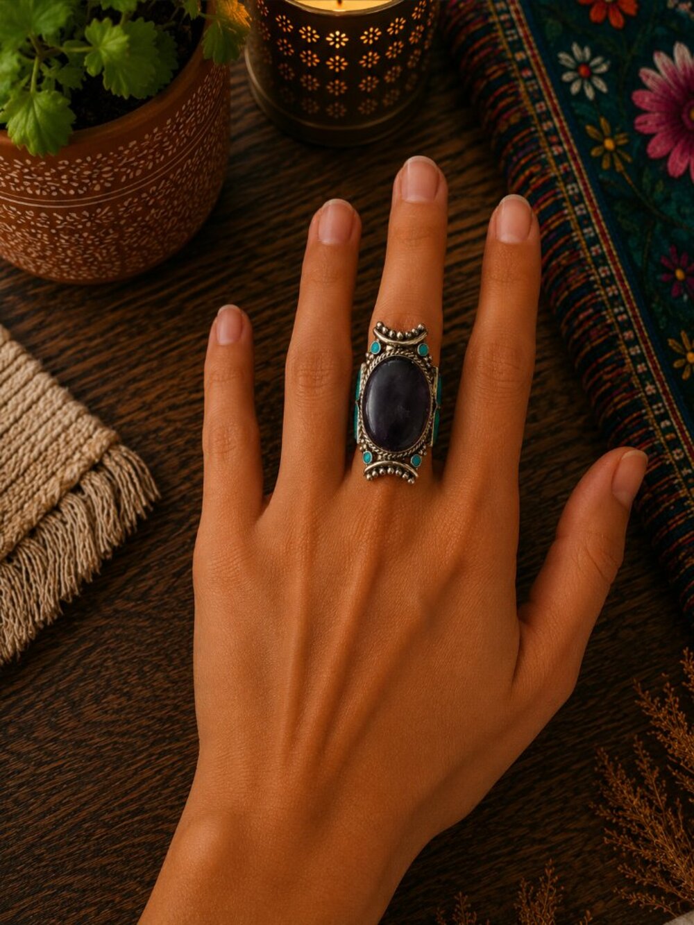 Silver-Style Black Stone and Turquoise Accent Ring - Boho Women Jewelry